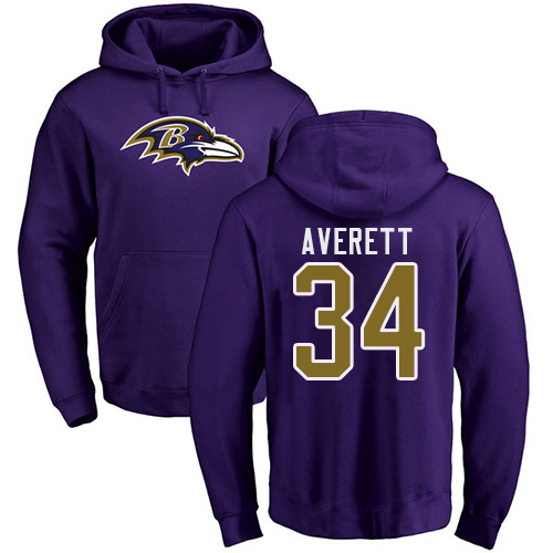 Men Baltimore Ravens Purple Anthony Averett Name and Number Logo NFL Football #34 Pullover Hoodie Sweatshirt
